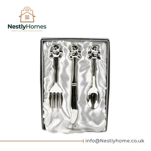 Bambino Silver Plated Knife Fork Spoon Set with Teddy Tops