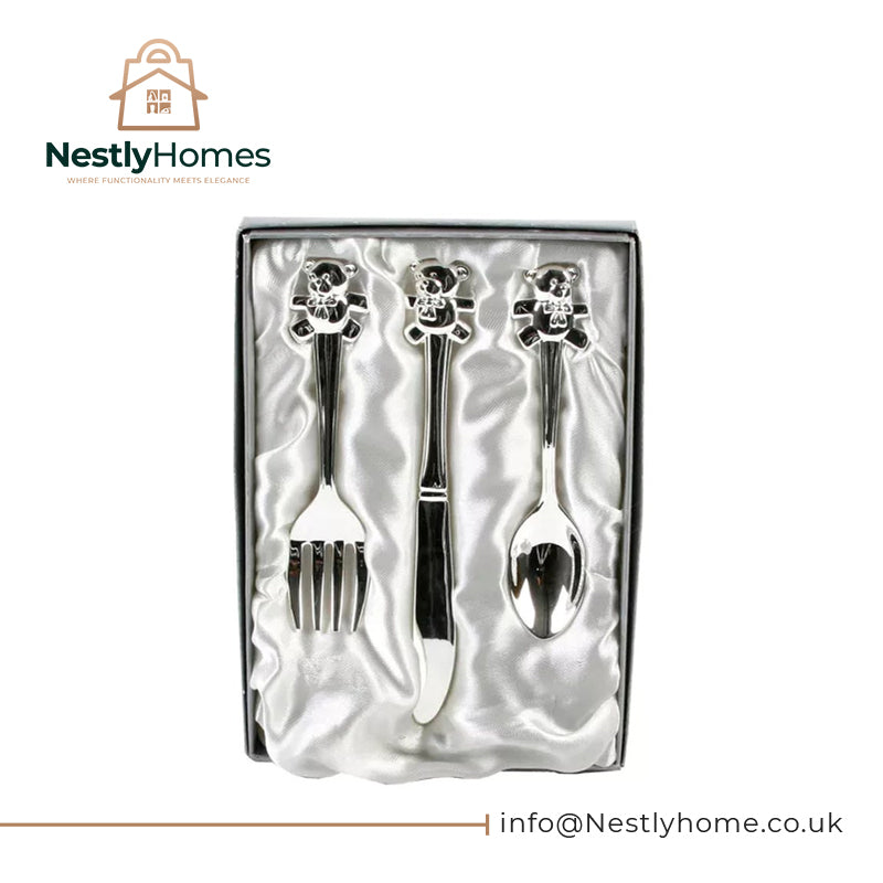 Bambino Silver Plated Knife Fork Spoon Set with Teddy Tops