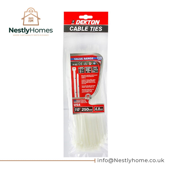 Dekton Cable Ties White 100pcs 4.8mmx250mm