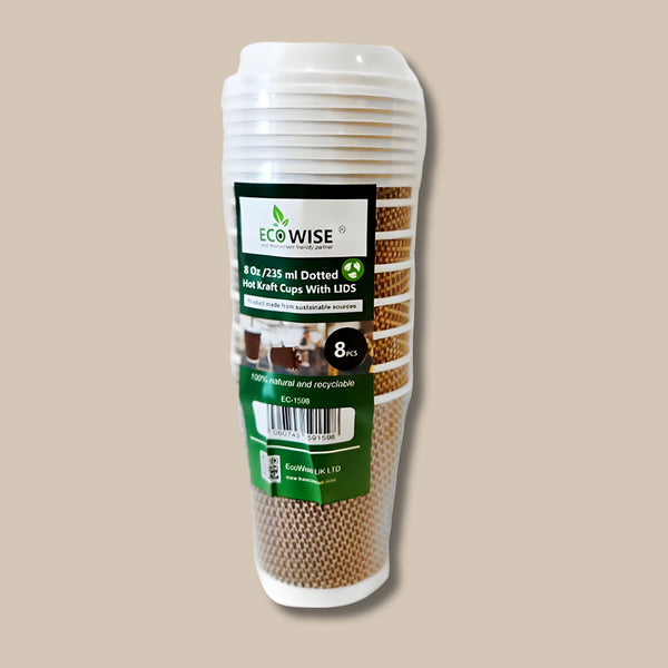 Eco Wise Paper Cups Ripple Dotted With Lids 8Oz 8Pcs