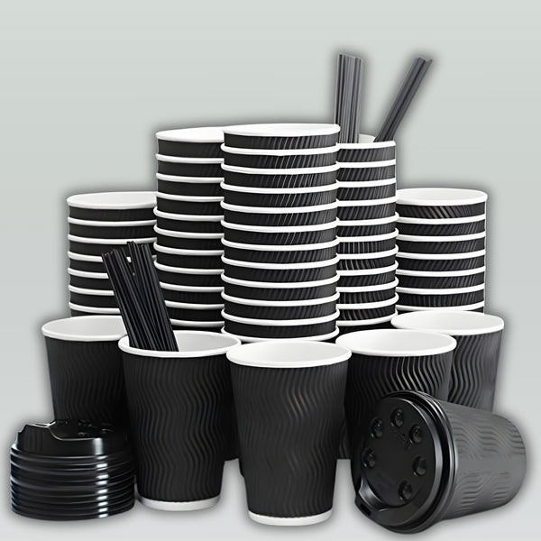 Eco Wise Paper Cups & Lids Black 12Oz 6Pcs