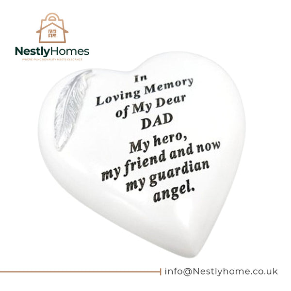 Memorial Feather Heart White &amp; Silver Dad 15x15cm