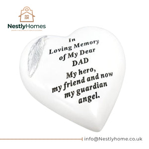 MEMORIAL FEATHER HEART WHITE  SILVER DAD 15 x 15 cm