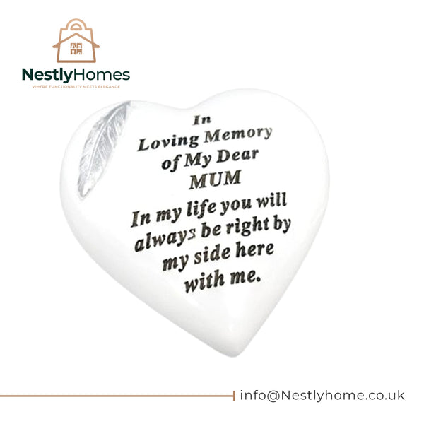 Memorial Feather Heart White &amp; Silver Mum 15x15cm