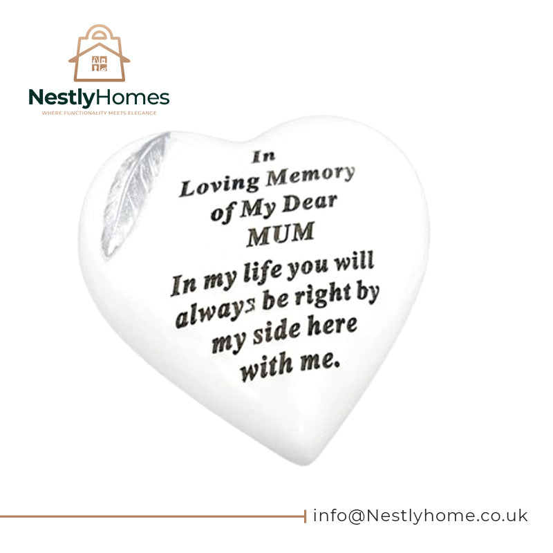 Memorial Feather Heart White & Silver Mum 15x15cm