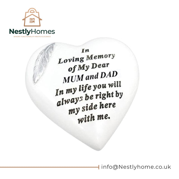 Memorial Feather Heart White &amp; Silver Mum &amp; Dad 15x15cm