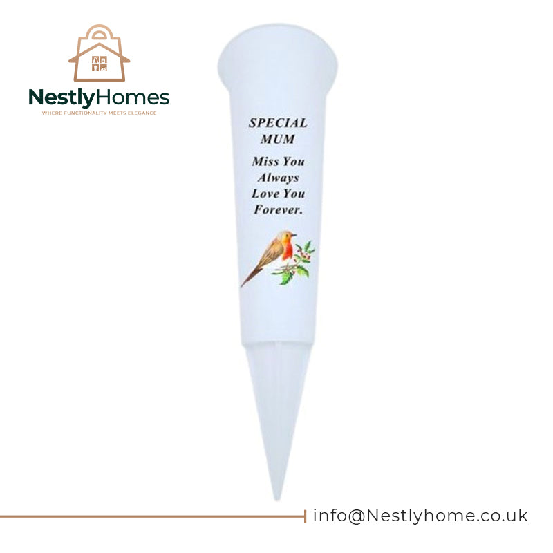 Memorial Plastic Spike White with Robin Mum