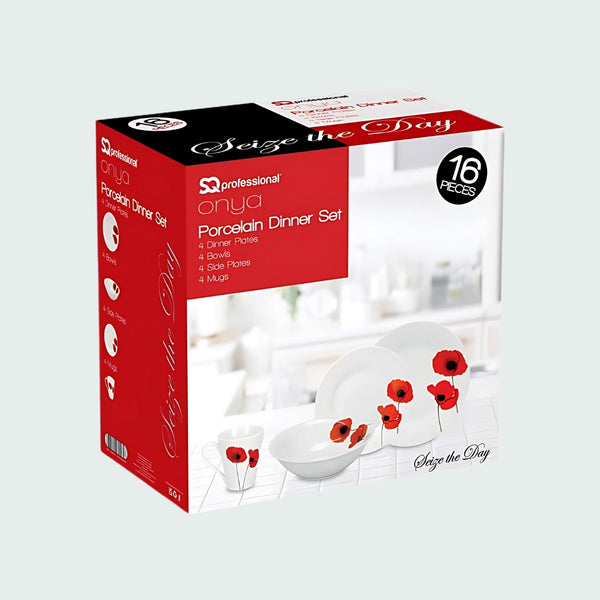 Onya Dinner Set 16 Pieces 4 Mugs 4 Bowls 4 Dinner Plates 4 Side Plates Seize The Day Poppy