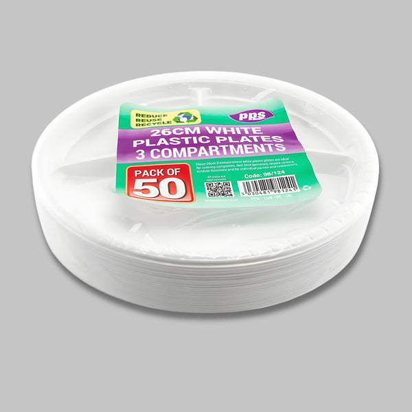 Pps Plastic Plate 3Compartments White 50Pcs
