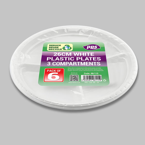Pps Plastic Plate 3Cpmpartments White 26Cm 3Pcs