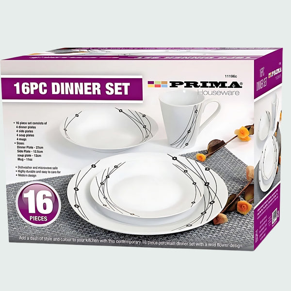Prima Dinner Set 16Pce Black & Floral