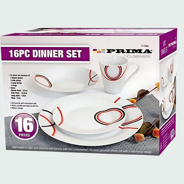 Prima Dinner Set 16Pce Red & Black