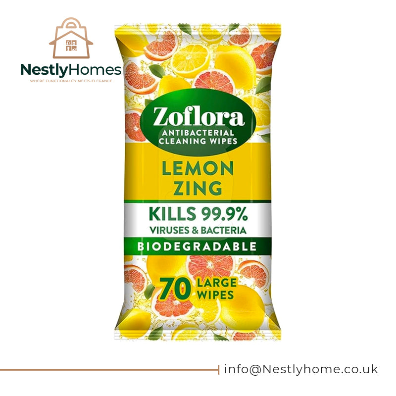 Zoflora Lemon Zing Large Biodegradeable Wipes, Antibacterial Cleaning, 1 x 70 Wipes Pack, Multi-Surface Disinfectant, Removes Odours & Kills 99.9% of Bacteria & Viruses