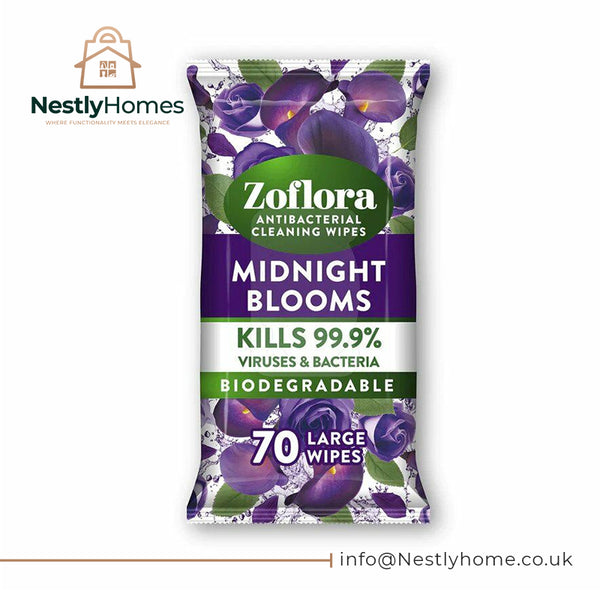 Zoflora Midnight Blooms Large Biodegradeable Wipes, Antibacterial Cleaning, 1 x 70 Wipes Pack, Multi-Surface Disinfectant, Removes Odours & Kills 99.9% of Bacteria & Viruses