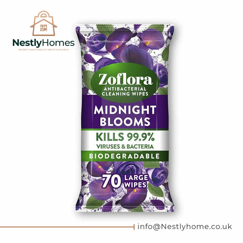 Zoflora Midnight Blooms Large Biodegradeable Wipes, Antibacterial Cleaning, 1 x 70 Wipes Pack, Multi-Surface Disinfectant, Removes Odours & Kills 99.9% of Bacteria & Viruses
